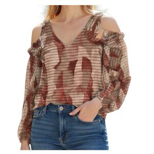 Adrienne Landau Asymmetrical Ruffled 3/4 Sleeve off shoulder flowy Blouse L
